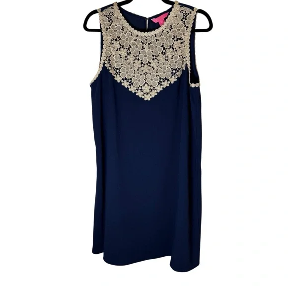 Women’s Lilly Pulitzer Nala Navy Mini Dress with Gold Lace Bib Brocade sz 14 - Picture 1 of 11
